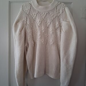 Cream Knit Sweater • Lace Bobble Detail • Ribbed Crewneck|Cozy Textured Pullover